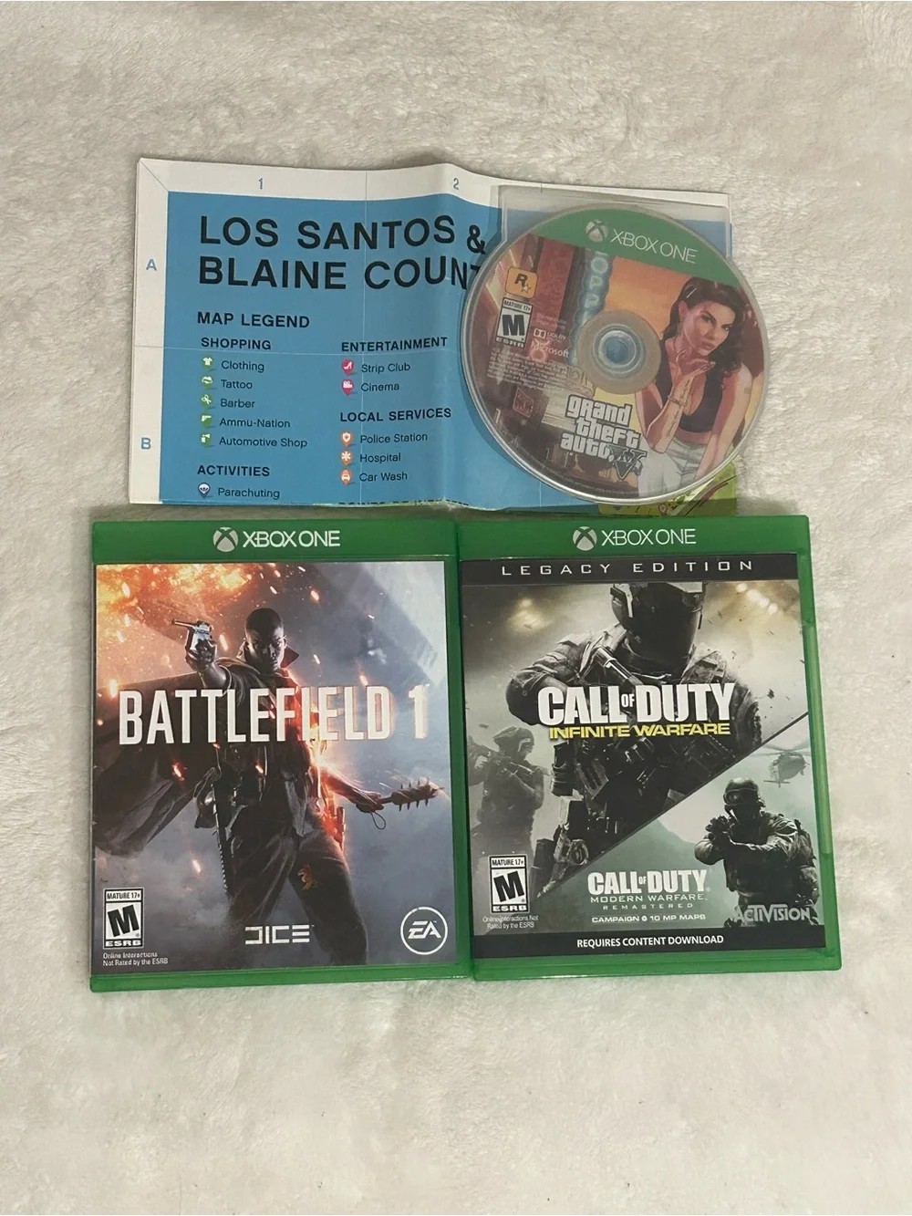 Xbox One 3 Game Lot- GTA 5 V (map only) Battlefield 1 and Call of Duty infinite